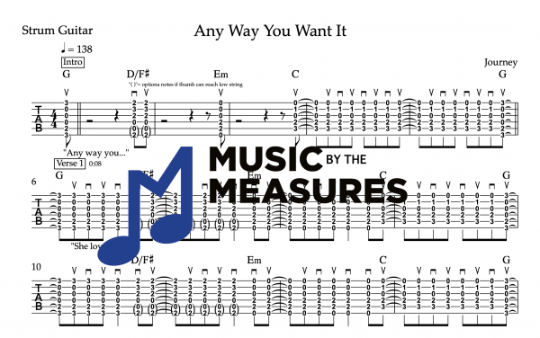 Strum Guitar Tablature for “Any Way You Want It” by Journey