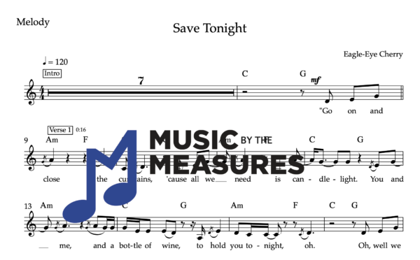 Melody Sheet Music for "Save Tonight" by Eagle-Eye Cherry