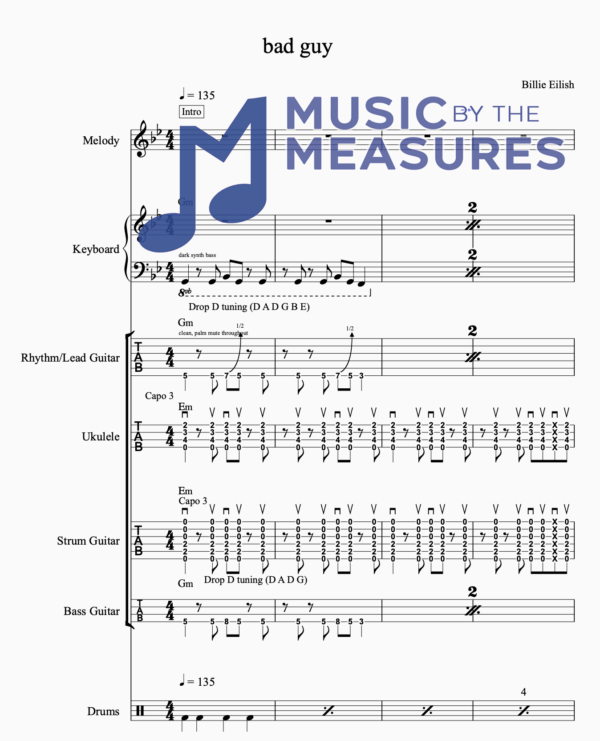 Full Band Sheet Music for "bad guy" by Billie Eilish