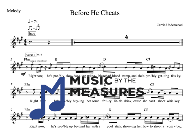 Melody Sheet Music for "Before He Cheats" by Carrie Underwood
