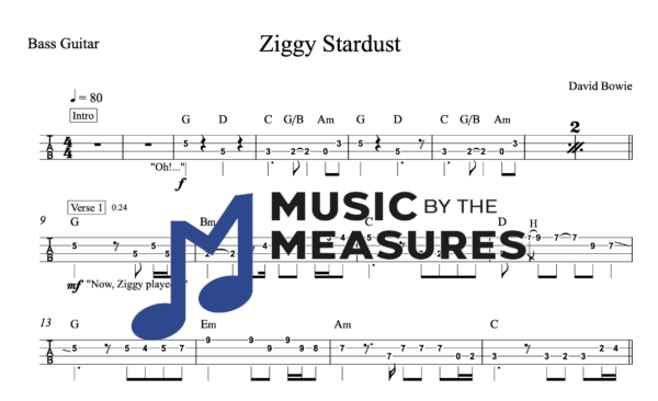 Bass Guitar Tablature for "Ziggy Stardust" by Davie Bowie