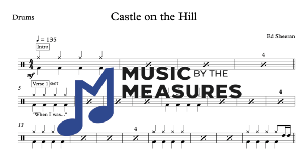 Drum Sheet Music for "Castle on the Hill" by Ed Sheeran 