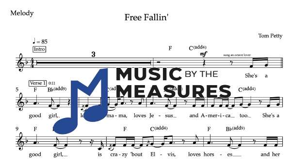 Melody Sheet Music for "Free Fallin" by Tom Petty 