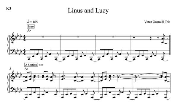 Keyboard Sheet Music for "Linus and Lucy" by Vince Guaraldi Trio
