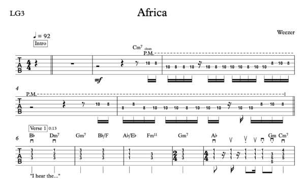 Lead Guitar Tablature for "Africa" by Weezer