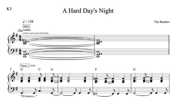 Keyboard Sheet Music for "A Hard Day's Night" by The Beatles