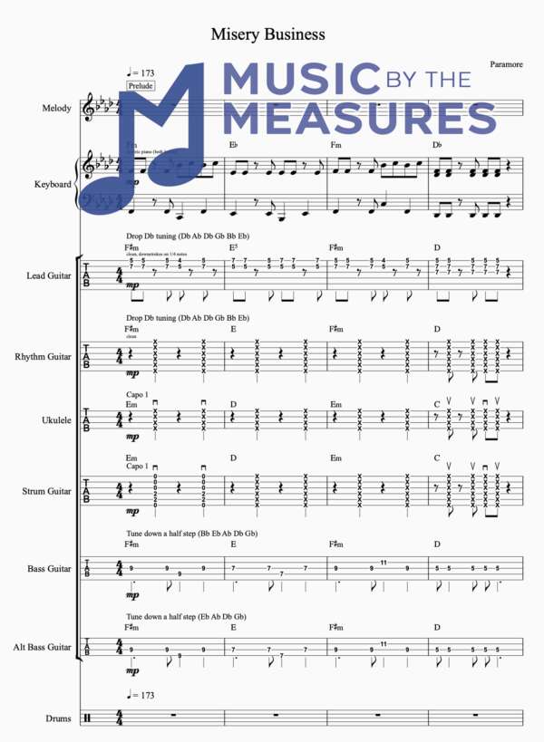 Full Band Sheet Music for "Misery Business" by Paramore
