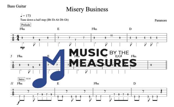 Bass Guitar Tablature for "Misery Business" by Paramore