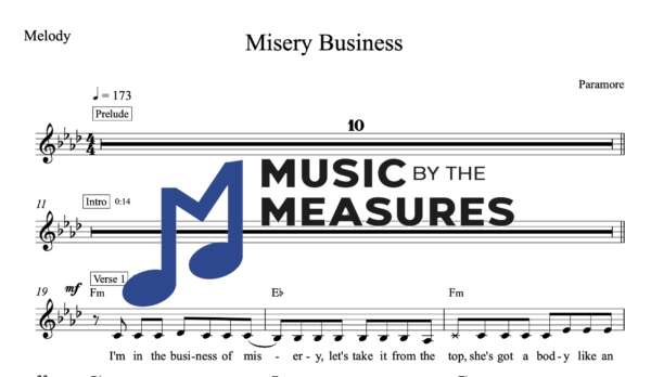 Melody Sheet Music for "Misery Business" by Paramore