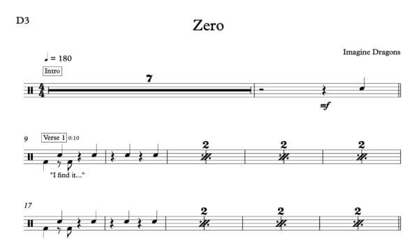 Drum Sheet Music for "Zero" by Imagine Dragons