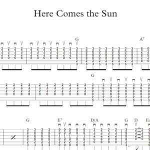 Strum Guitar Tablature for "Here Comes the Sun" by The Beatles.