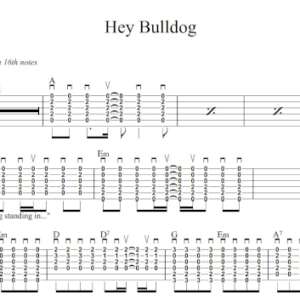 Strum Guitar Tablature for "Hey Bulldog" by The Beatles.