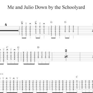 Strum Guitar Tablature for "Me and Julio Down by the Schoolyard" by Paul Simon.