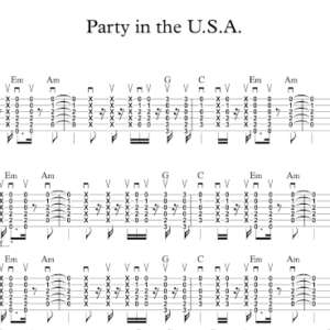 Strum Guitar Tablature for "Party in the U.S.A." by Miley Cyrus.