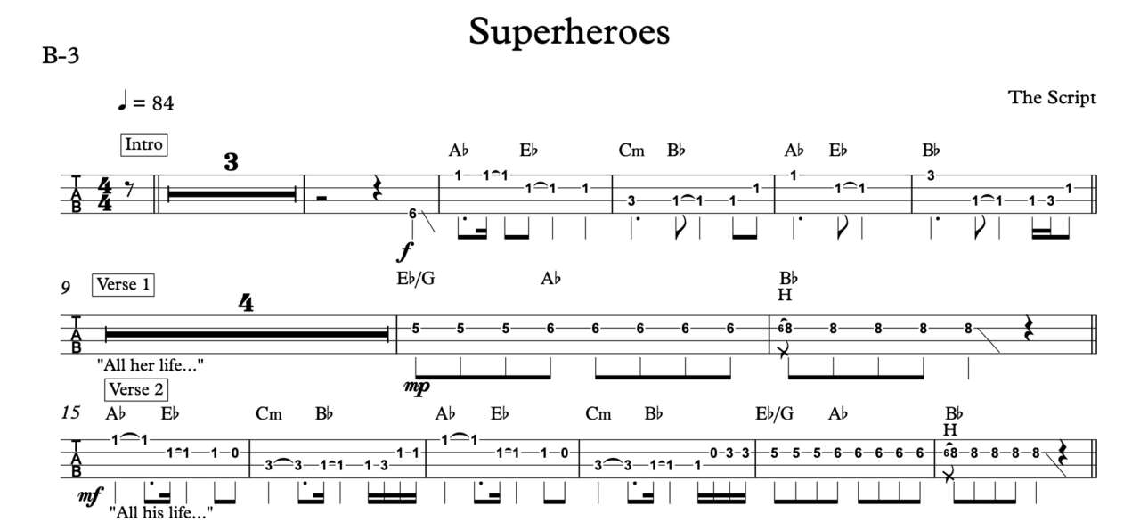 Bass Guitar Tablature for "Superheros" by The Script