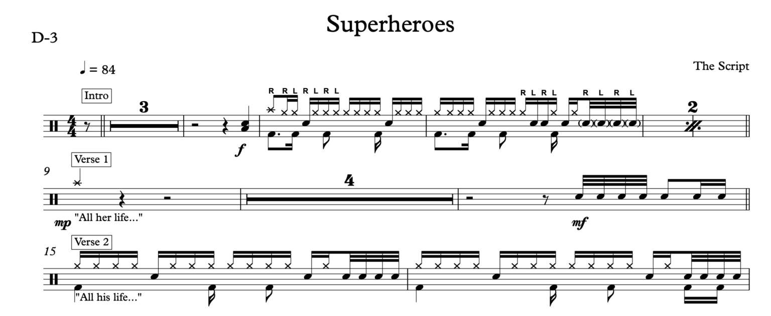 Drum Sheet Music for "Superheros" by The Script