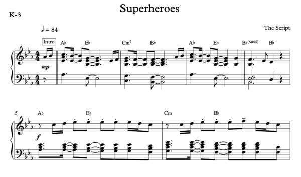 Song Keyboard Script Superheros - Keyboard - Music by the Measures