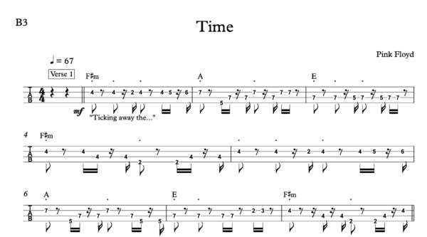 Bass Guitar Tablature for "Time" by Pink Floyd