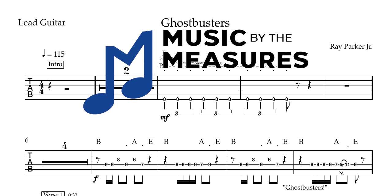 ghostbusters-ray-parker-jr-lead-guitar-sheet-music-preview Ghostbusters by Ray Parker Jr. accurate lead guitar sheet music transcription preview