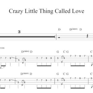 Bass Guitar Tablature for "Crazy Little Thing Called Love" by Queen.