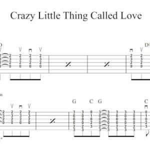 Strum Guitar Tablature for "Crazy Little Thing Called Love" by Queen.