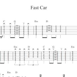 Strum Guitar Tablature for "Fast Car" by Tracy Chapman.
