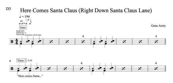 Drum Sheet Music for "Here Comes Santa Claus (Right Down Santa Claus Lane)" by Gene Autry