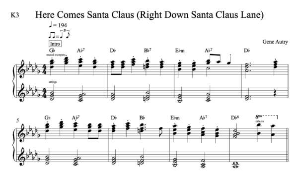 Keyboard Sheet Music for "Here Comes Santa Claus (Right Down Santa Claus Lane)" by Gene Autry