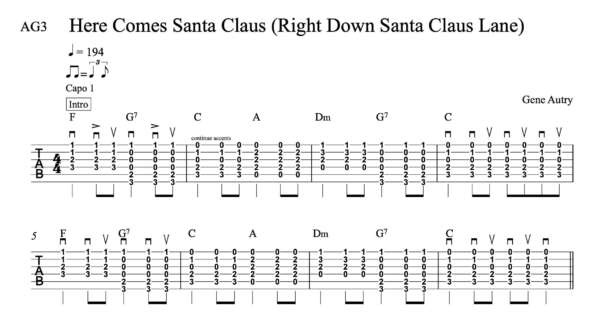 Strum Guitar Tablature for "Here Comes Santa Claus (Right Down Santa Claus Lane)" by Gene Autry