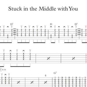 Strum Guitar Tablature for "Stuck in the Middle with You" by Stealers Wheel.