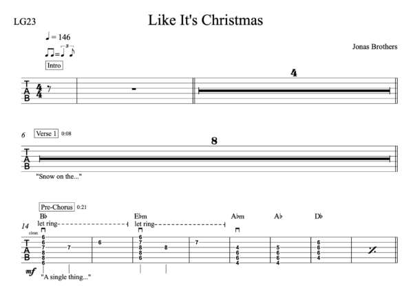 Rhythm Guitar Tablature for "Like It's Christmas" by Jonas Brothers
