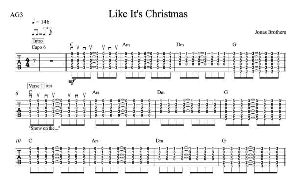 Strum Guitar Tablature for "Like It's Christmas" by Jonas Brothers