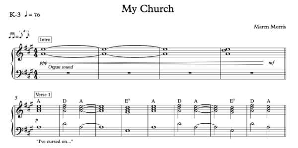 Keyboard Sheet Music for "My Church" by Marren Morris