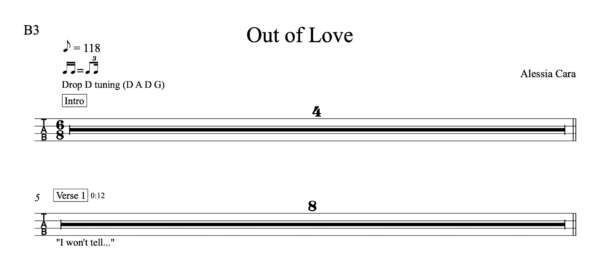 Bass Guitar Tablature for "Out of Love" by Alessia Cara