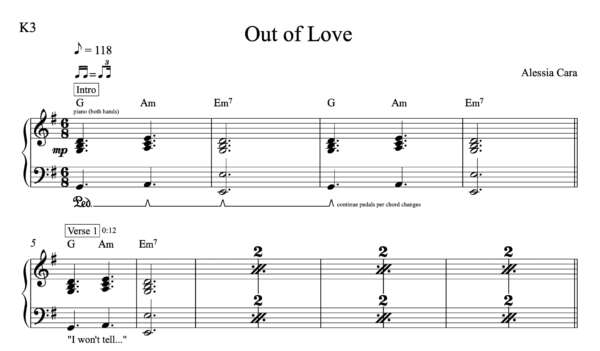 Keyboard Sheet Music for "Out of Love" by Alessia Cara