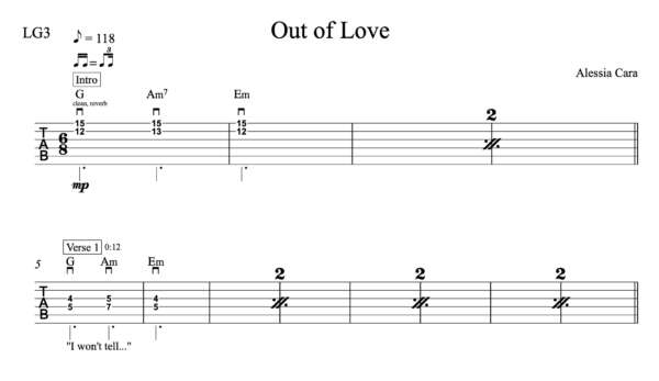 Lead Guitar Tablature for "Out of Love" by Alessia Cara