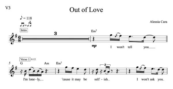 Melody Sheet Music for "Out of Love" by Alessia Cara