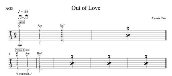 Strum Guitar Tablature for "Out of Love" by Alessia Cara