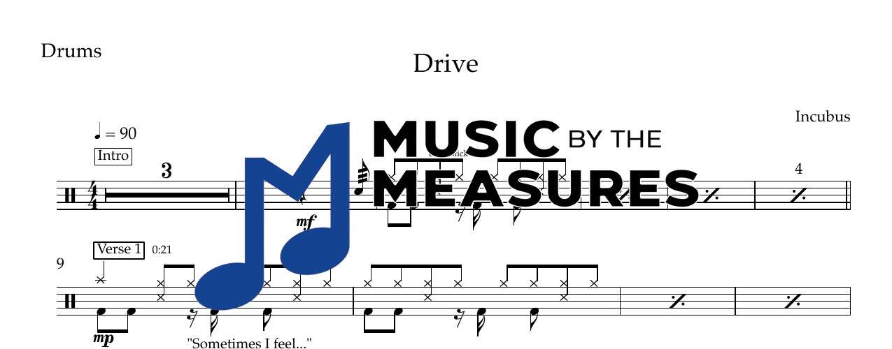 drive-incubus-drums-sheet-music-preview Drive by Incubus accurate drums sheet music transcription preview