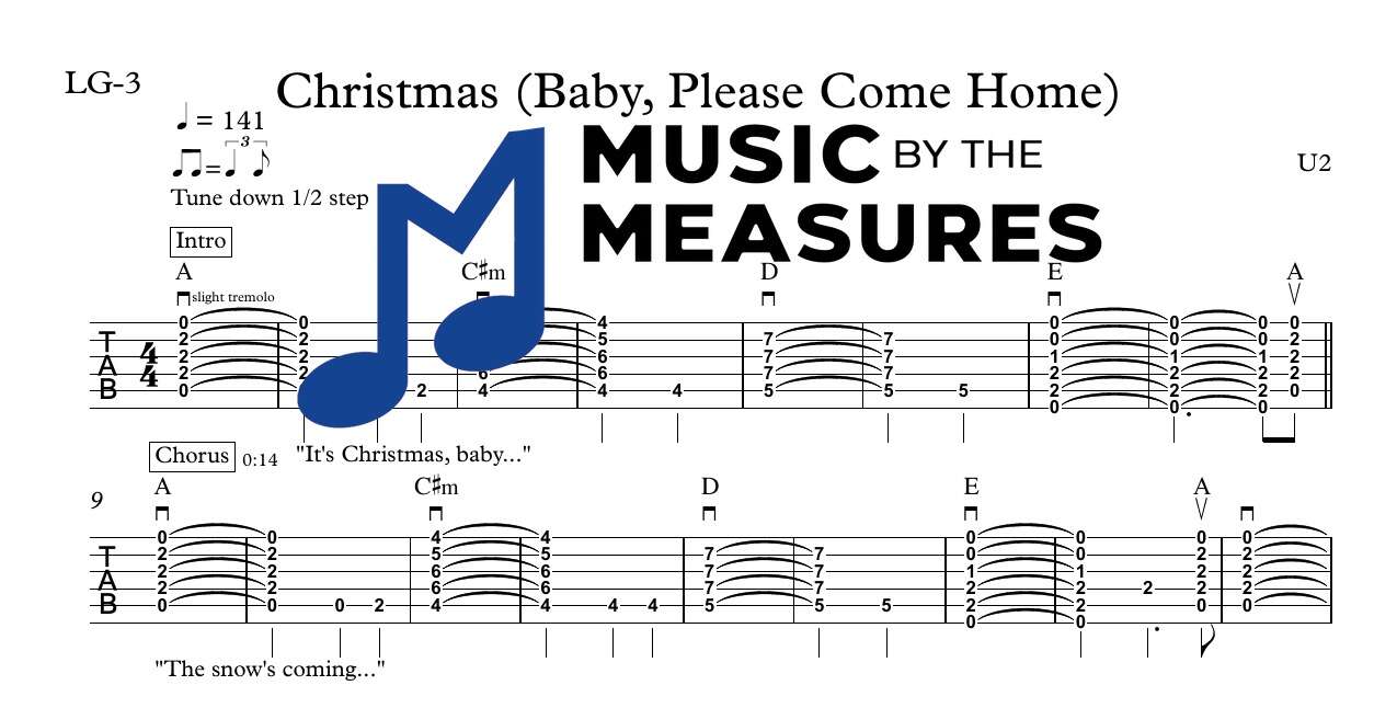 christmas-baby-please-come-home-u2-lead-guitar-sheet-music-preview Christmas (Baby, Please Come Home) by U2 accurate lead guitar sheet music transcription preview