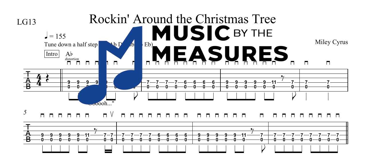 rockin-around-the-christmas-tree-miley-cyrus-lead-guitar-sheet-music-preview Rockin' Around the Christmas Tree by Miley Cyrus accurate lead guitar sheet music transcription preview