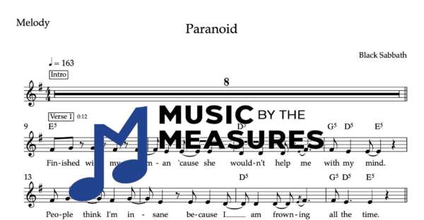 Melody Sheet Music for "Paranoid" by Black Sabbath