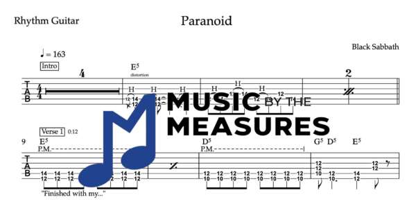 Rhythm Guitar Tablature for "Paranoid" by Black Sabbath