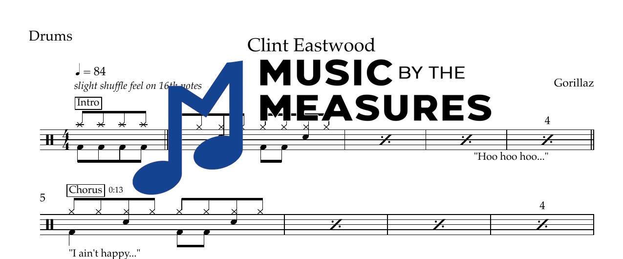clint-eastwood-gorillaz-drums-sheet-music-preview Clint Eastwood by Gorillaz accurate drums sheet music transcription preview