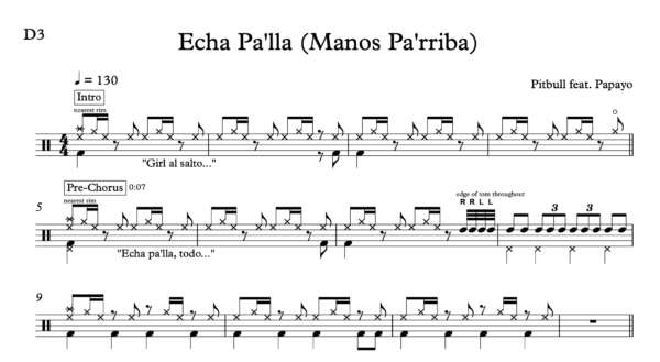 Drum Sheet Music for "Echa Pa'lla" by Pitbull