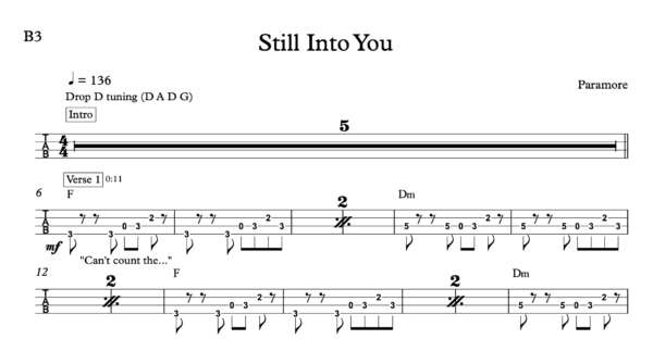 Bass Guitar Tablature for "Still Into You" by Paramore