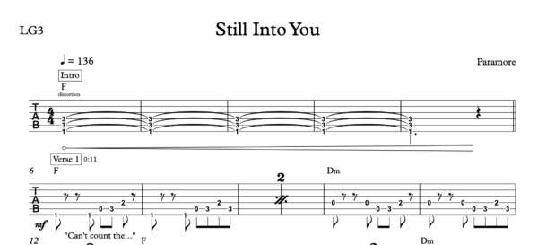 Lead Guitar Tablature for "Still Into You" by Paramore