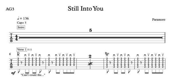 Strum Guitar Tablature for "Still Into You" by Paramore