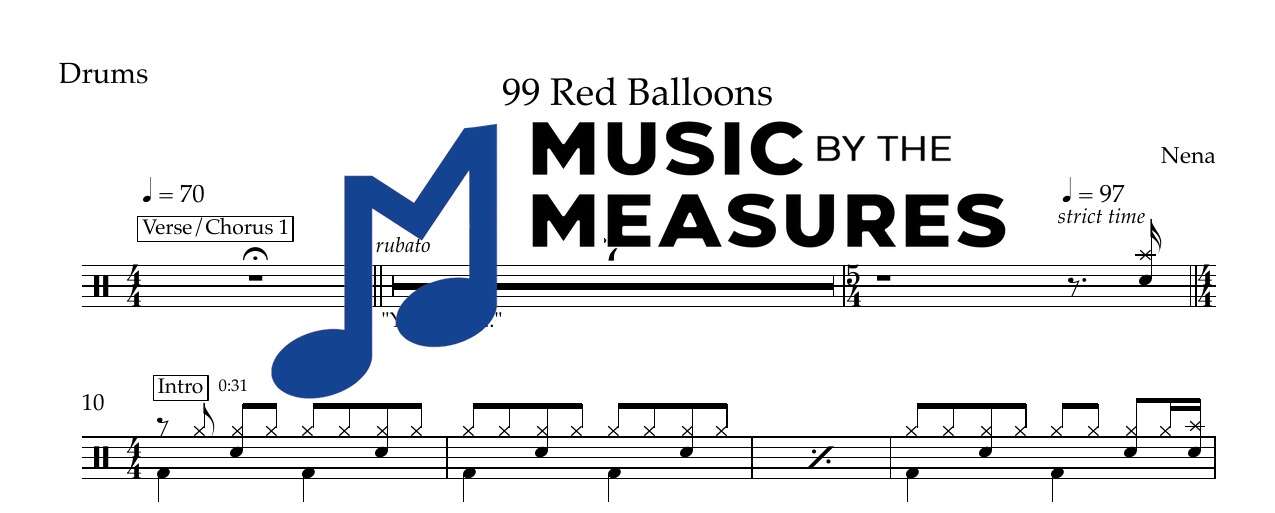 99-red-balloons-nena-drums-sheet-music-preview 99 Red Balloons by Nena accurate drums sheet music transcription preview