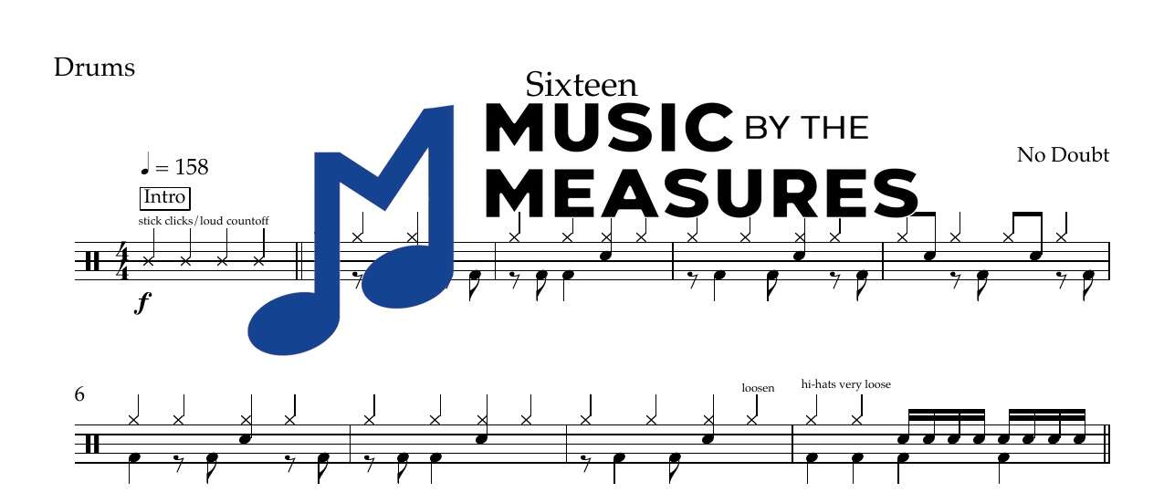 sixteen-no-doubt-drums-sheet-music-preview Sixteen by No Doubt accurate drums sheet music transcription preview